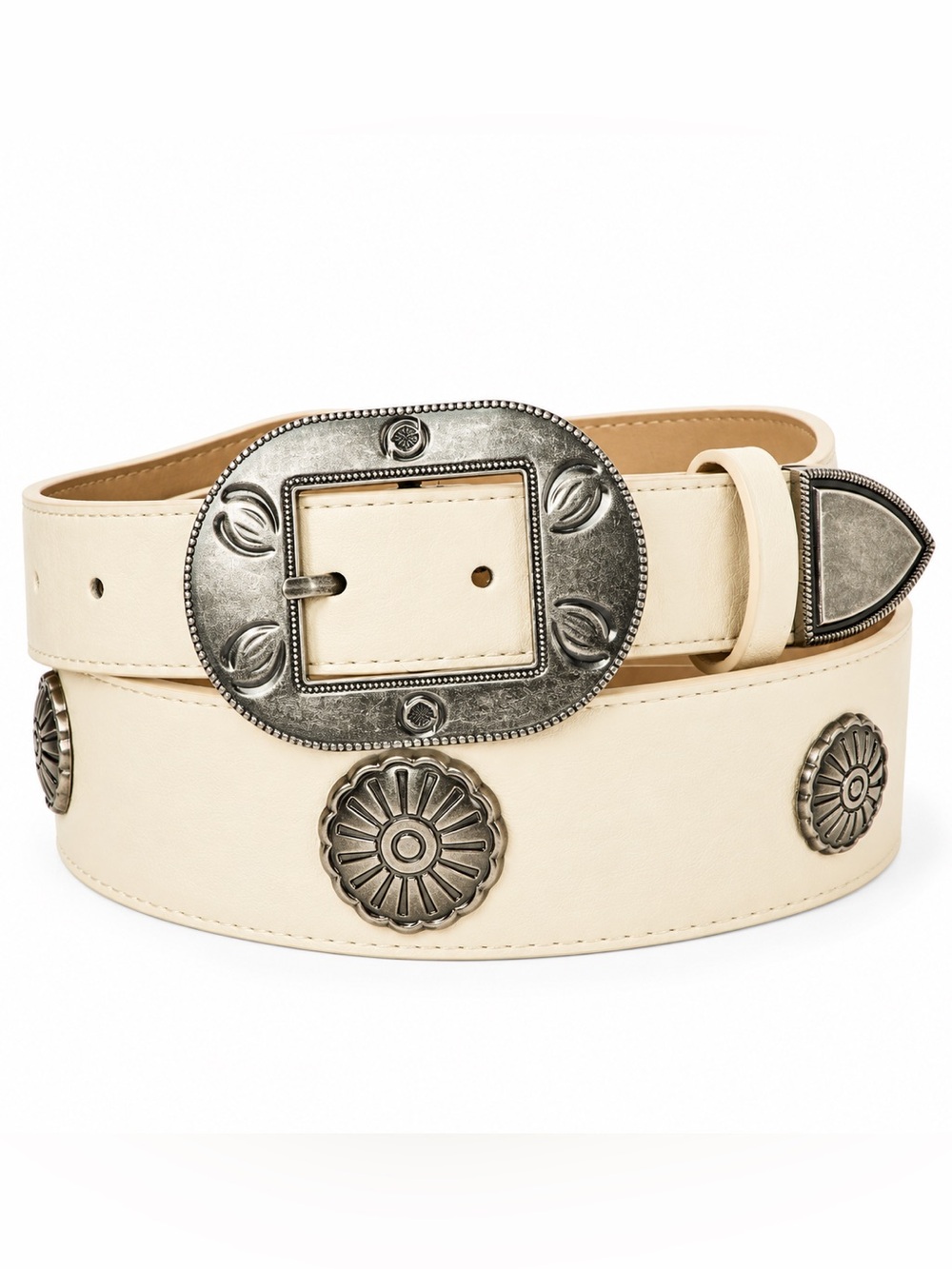 Universal Thread Western Wide Belt with Silver Conchos Cream & Silver Sz Large